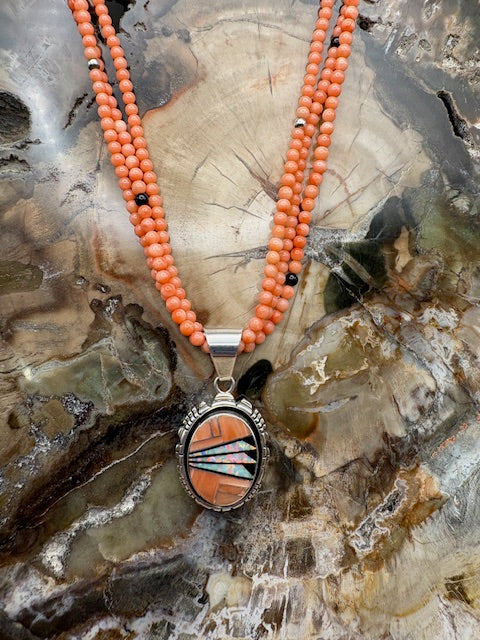Native American Made Salmon Coral Beaded Necklace with Inlaid Pendant