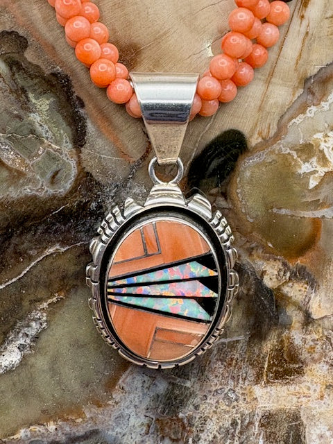 Native American Made Salmon Coral Beaded Necklace with Inlaid Pendant