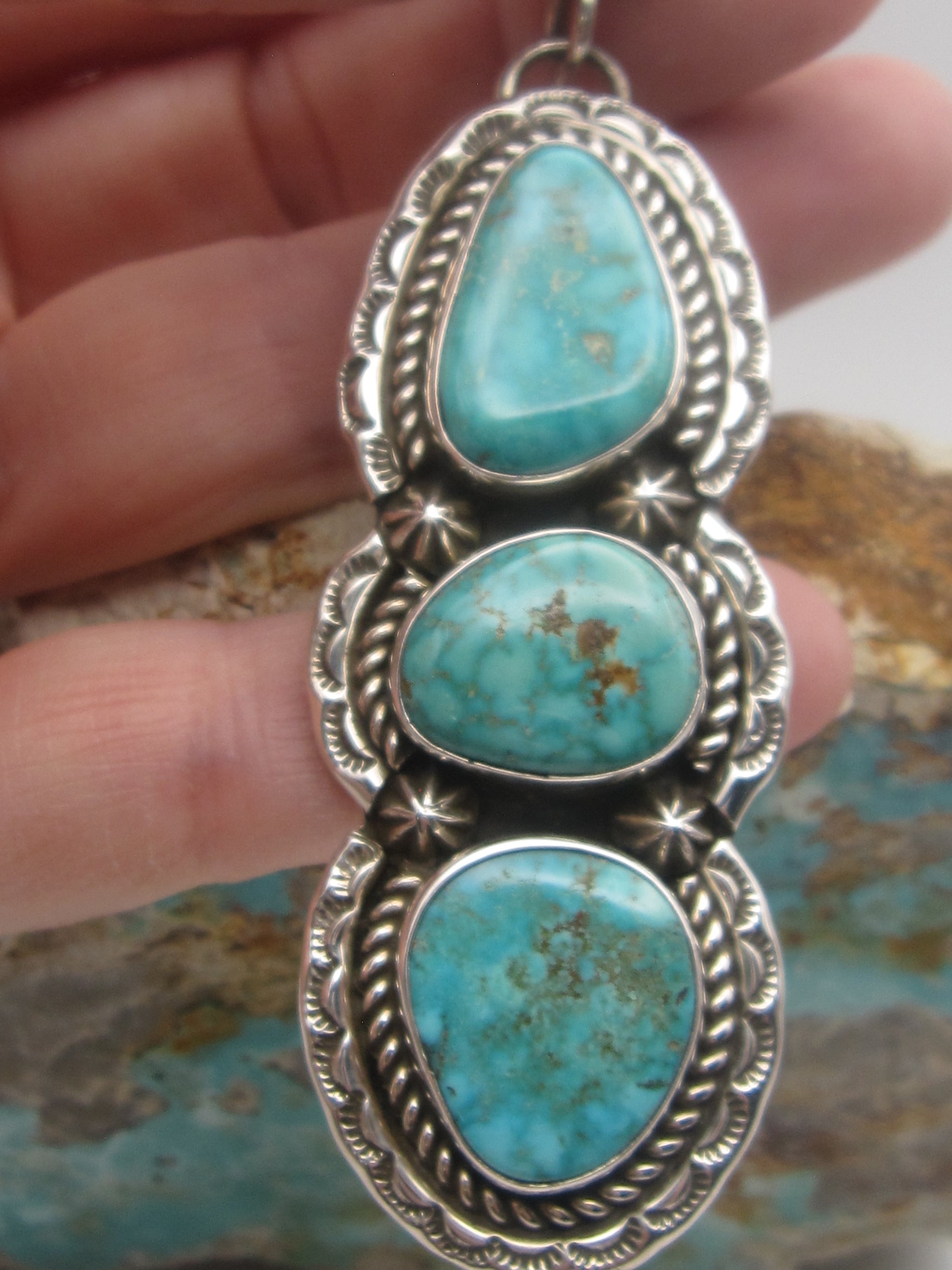 Native American Made Three Stone Vintage Turquoise Mountain