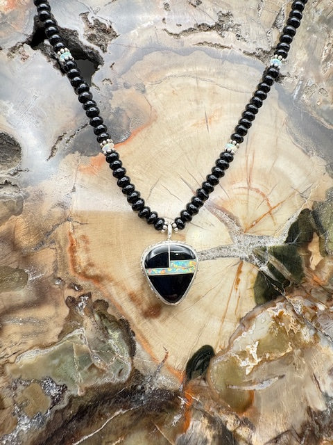 Native American Made Onyx Necklace With Jet And Opal Inlay Sterling Silver Pendant