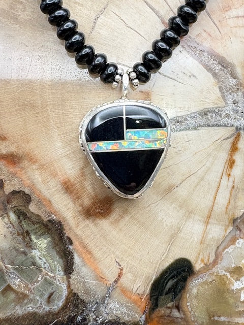 Native American Made Onyx Necklace With Jet And Opal Inlay Sterling Silver Pendant