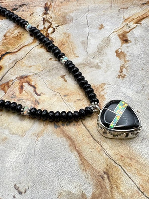 Native American Made Onyx Necklace With Jet And Opal Inlay Sterling Silver Pendant