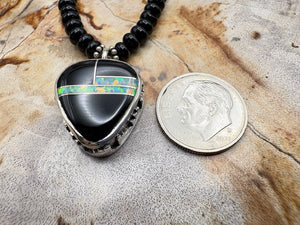Native American Made Onyx Necklace With Jet And Opal Inlay Sterling Silver Pendant