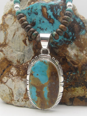 Native American Made Blue Turquoise and Sterling Silver Pendant on Turquoise and Sterling Silver Beaded Necklace