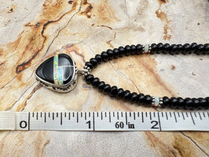 Native American Made Onyx Necklace With Jet And Opal Inlay Sterling Silver Pendant