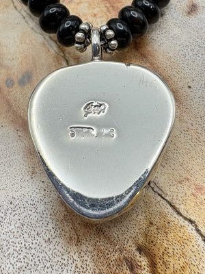 Native American Made Onyx Necklace With Jet And Opal Inlay Sterling Silver Pendant