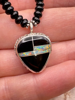Native American Made Onyx Necklace With Jet And Opal Inlay Sterling Silver Pendant