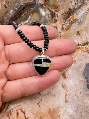 Native American Made Onyx Necklace With Jet And Opal Inlay Sterling Silver Pendant