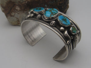 Native American Made Five Stone Turquoise and Sterling Silver Cuff Bracelet by Albert Jake