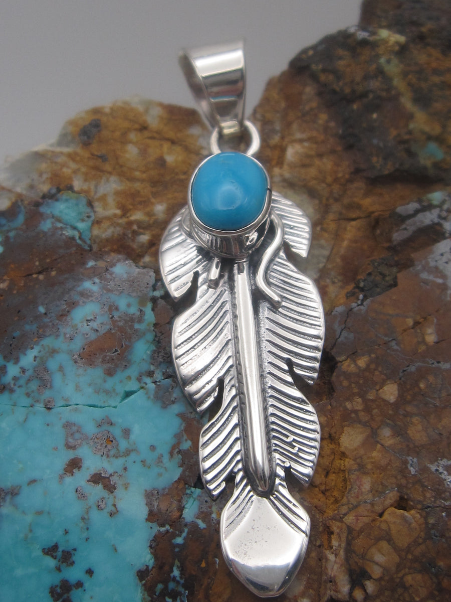 Native American Made Sterling Silver Feather Pendant With Blue Turquoise