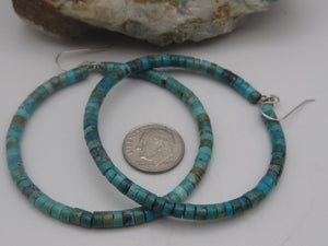 Native American Made Blue Green Heishi Turquoise Hoop Dangle Earrings