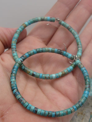 Native American Made Blue Green Heishi Turquoise Hoop Dangle Earrings