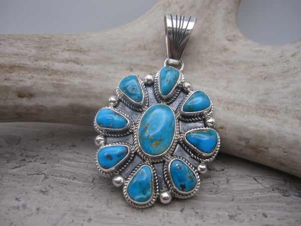 Native American Made Blue, Blue Turquoise and Sterling Silver Cluster Pendant