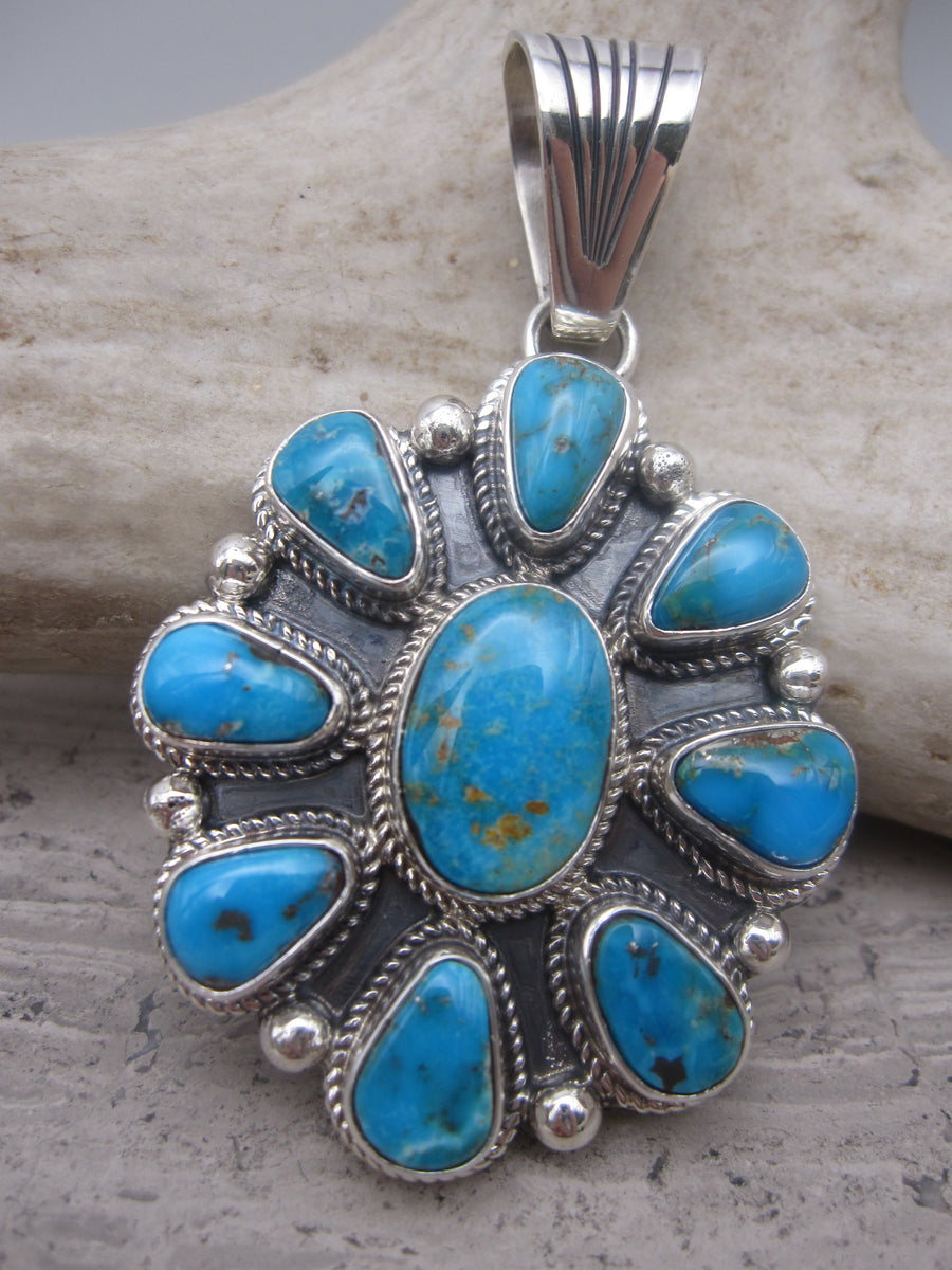 Native American Made Blue, Blue Turquoise and Sterling Silver Cluster Pendant