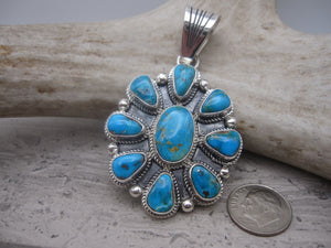 Native American Made Blue, Blue Turquoise and Sterling Silver Cluster Pendant