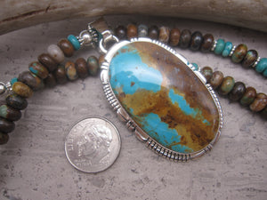 Native American Made Blue Turquoise and Sterling Silver Pendant on Turquoise and Sterling Silver Beaded Necklace