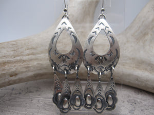 Native American Made Hand Stamped Sterling Silver Dangle Earrings with Repousse or Bump Out Details