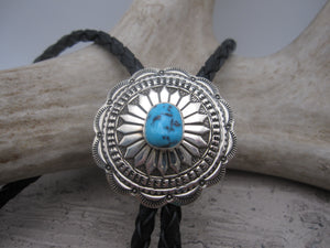 Native American Made Dainty Stamped Sterling Silver and Turquoise Bolo