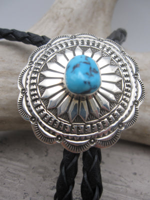 Native American Made Dainty Stamped Sterling Silver and Turquoise Bolo