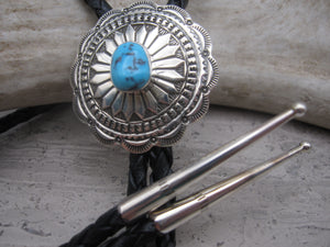 Native American Made Dainty Stamped Sterling Silver and Turquoise Bolo