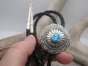 Native American Made Dainty Stamped Sterling Silver and Turquoise Bolo