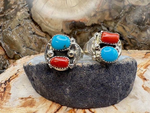 Native American Turquoise Coral Men's Ring - Sterling Silver Sizes 9 1/2 and 10