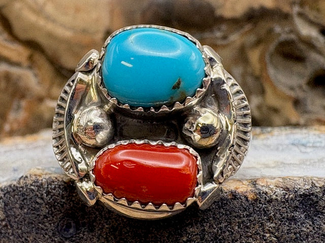 Native American Turquoise Coral Men's Ring - Sterling Silver Sizes 9 1/2 and 10