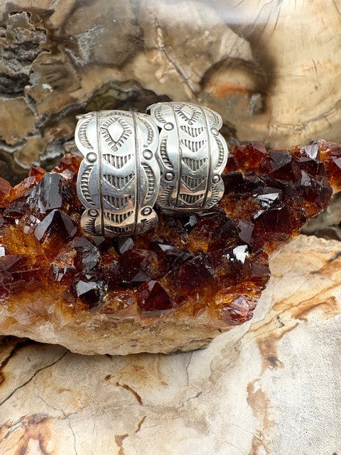 Authentic Native American Made Stamped Sterling Silver Post Hoop Southwestern Earrings