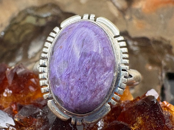 Native American Made Charoite and Sterling Silver Ring Size 8 1/2
