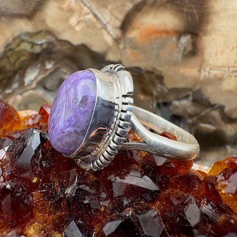 Native American Made Charoite and Sterling Silver Ring Size 8 1/2