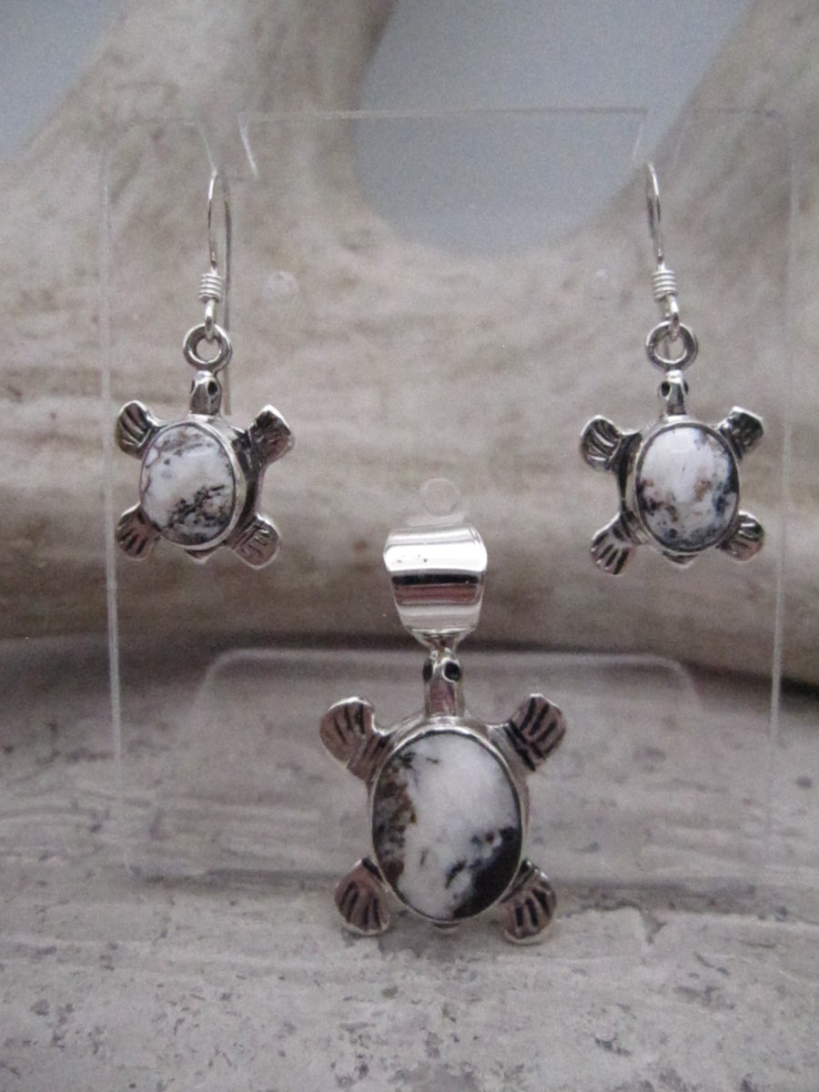 Native American Made White Buffalo and Sterling Silver Dainty Turtle Pendant and Earring Set