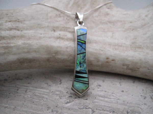 Native American Made Inlay Opal Black Jet and Sterling Silver Pendant with Chain