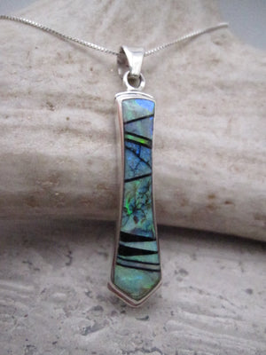 Native American Made Inlay Opal Black Jet and Sterling Silver Pendant with Chain