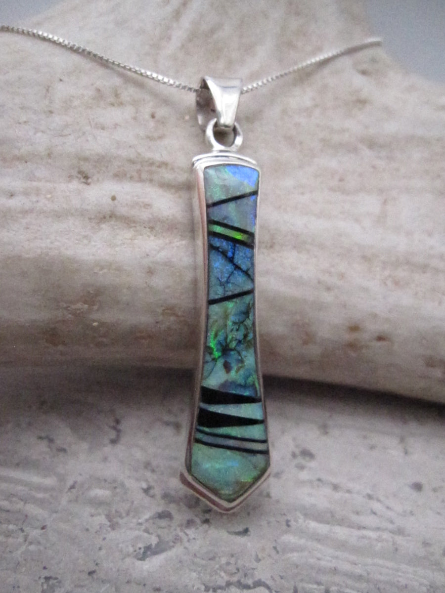 Native American Made Inlay Opal Black Jet and Sterling Silver Pendant with Chain