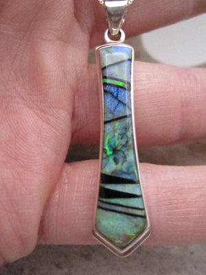 Native American Made Inlay Opal Black Jet and Sterling Silver Pendant with Chain