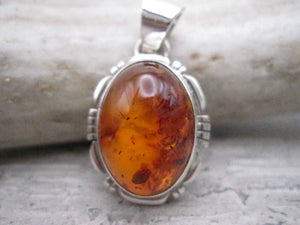 Native American Made Amber and Sterling Silver Pendant