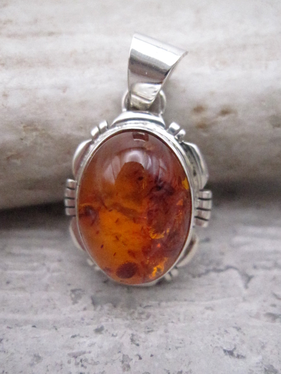 Native American Made Amber and Sterling Silver Pendant