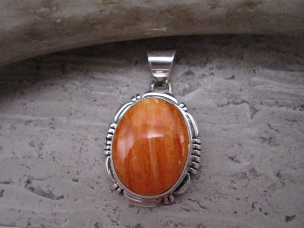 Native American Made Orange Spiny Oyster and Sterling Silver Pendant