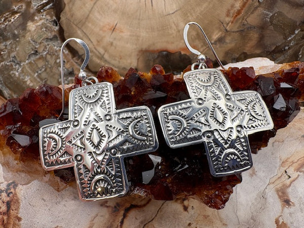 Native American Made Stamped Sterling Silver Four Direction Cross Earrings