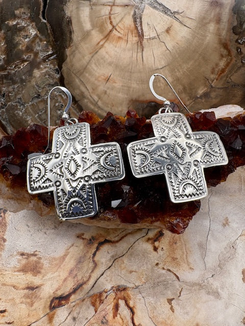 Native American Made Stamped Sterling Silver Four Direction Cross Earrings