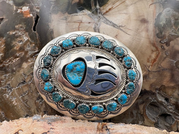 Authentic Native American Stamped Sterling Silver Buckle with Turquoise Southwestern Style