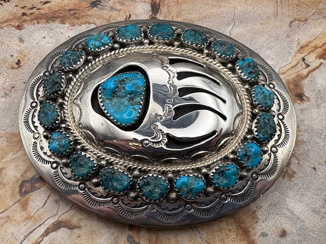 Authentic Native American Stamped Sterling Silver Buckle with Turquoise Southwestern Style