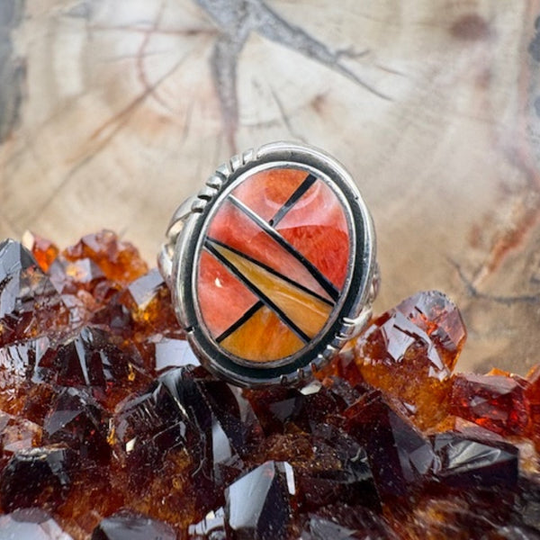 Authentic Native American Orange Spiny Inlay Ring - Handmade Sterling Silver Size 7