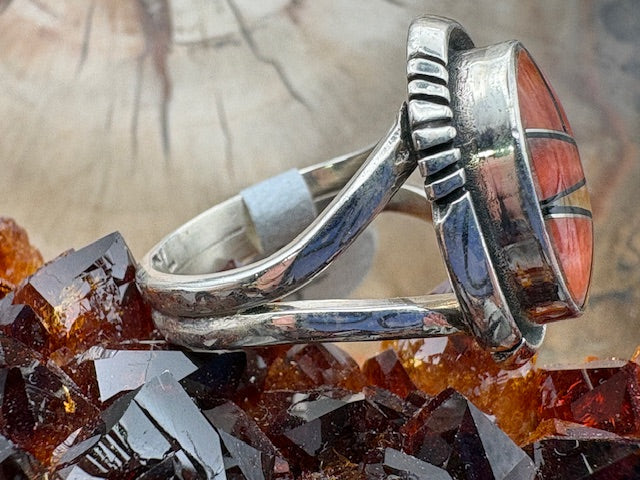 Authentic Native American Orange Spiny Inlay Ring - Handmade Sterling Silver Size 7