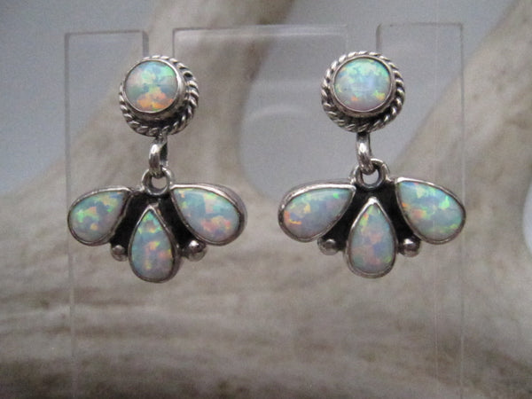 Native American Made White Opal and Sterling Silver One-Half Cluster Post Back Earrings