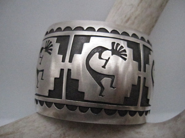 Vintage Native American Made Heavy Sterling Silver Overlay Kokopelli Cuff Bracelet