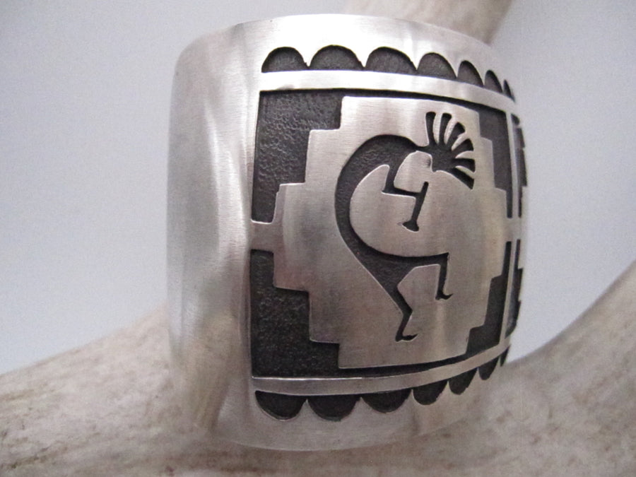 Vintage Native American Made Heavy Sterling Silver Overlay Kokopelli Cuff Bracelet