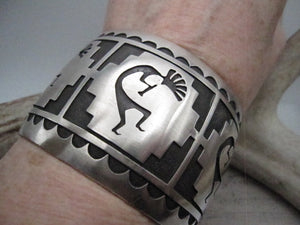 Vintage Native American Made Heavy Sterling Silver Overlay Kokopelli Cuff Bracelet