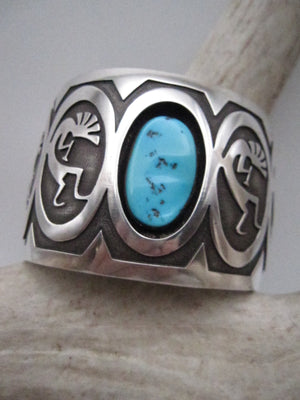 Vintage Native American Made Heavy Kokopelli Sterling Silver Overlay with Bright Blue Turquoise