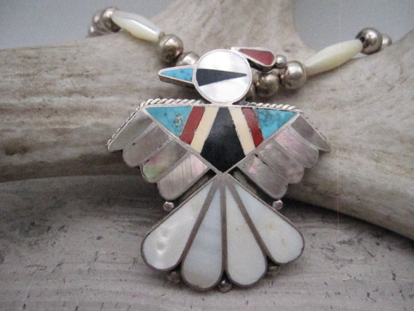 Vintage Native American Made Multi Stone and Shell Inlay and Sterling Silver Thunderbird Pendant Necklace